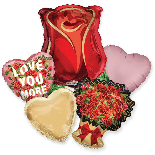 Collection of Valentine's Day-themed balloons including a heart-shaped rose, 'I Love You More' balloon, and bouquet balloon on a white background.