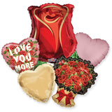 Collection of Valentine's Day-themed balloons including a heart-shaped rose, 'I Love You More' balloon, and bouquet balloon on a white background.